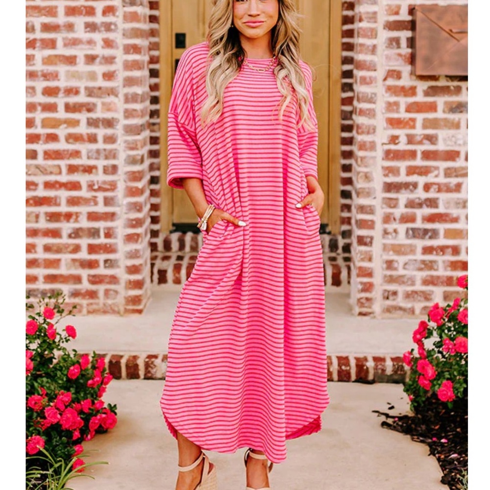 Pink Striped Maxi Dress with Pockets - Casual Women’s Dress